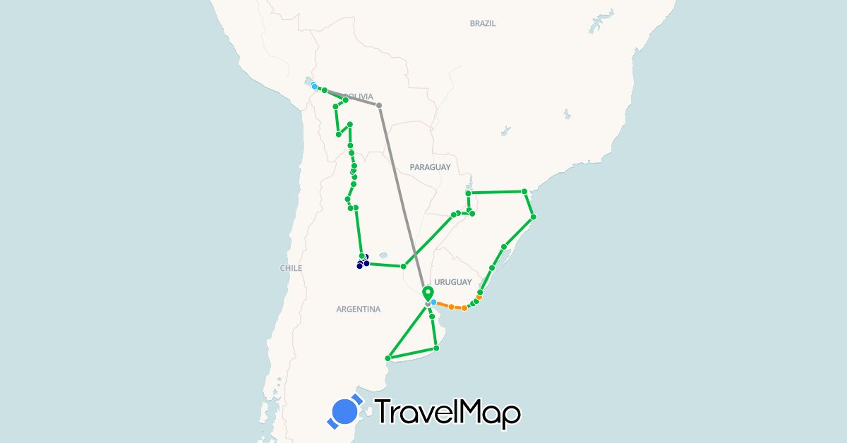 TravelMap itinerary: driving, bus, plane, boat, hitchhiking in Argentina, Bolivia, Brazil, Paraguay, Uruguay (South America)